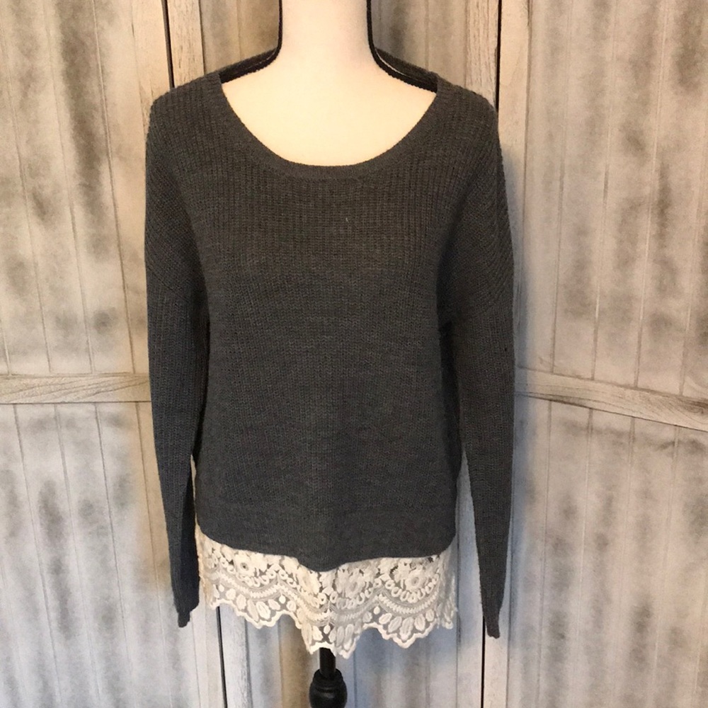 It’s Our Time Gray Knit Lace Trim Sweater